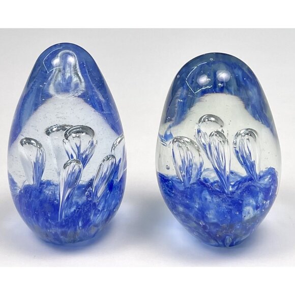 VTG Lot 3 MCM 3.5" Cobalt Hand Blown Egg-Shaped Controlled Bubble PAPERWEIGHTS - Picture 4 of 10